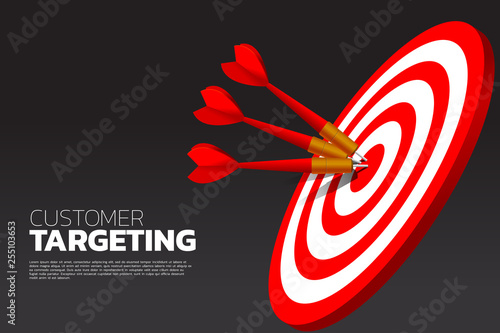 Printthree dart arrow hit the center of dartboard . Business Concept of marketing target and customer.Company vision mission and goal.