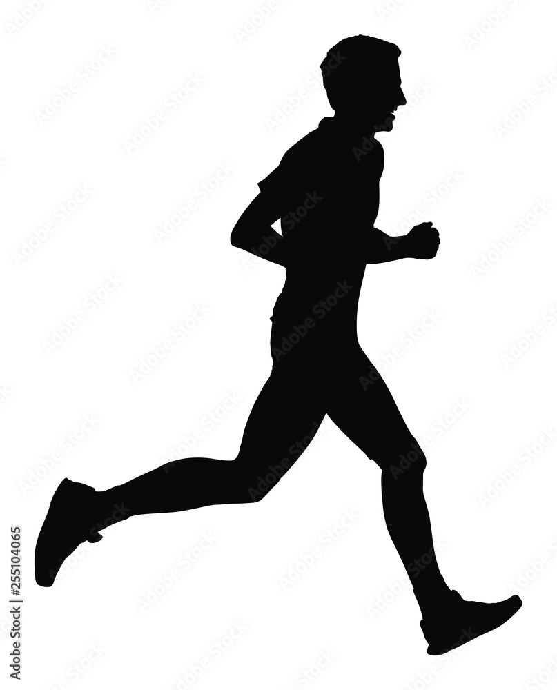 Marathon racer running silhouette. Exercise people vector. Healthy lifestyle man. Sport race. Urban runner active on street. Healthcare concept. Jogging after stressful work day. Health young man.