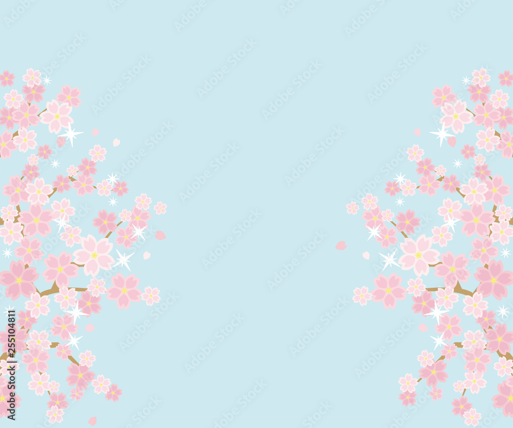 桜のある春の風景のイラスト(背景は空)レクタングルバナーバージョン