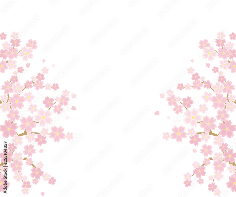 桜のある春の風景のイラスト(白背景)レクタングルバナーバージョン