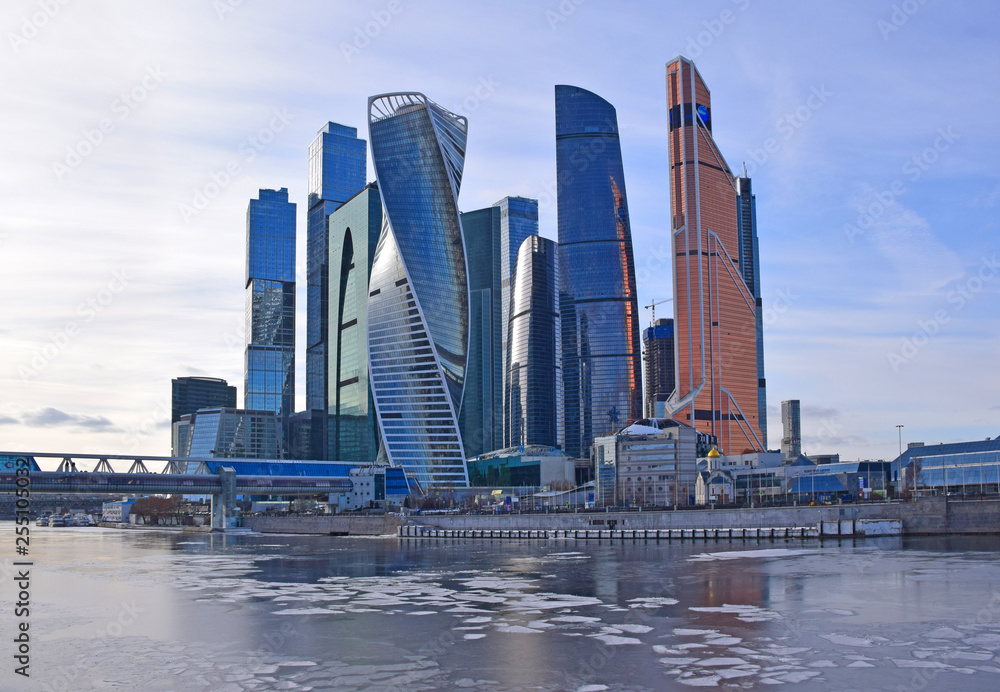 High-rise buildings of the Moscow international business center Moscow-City on the bank of the Moskva River. The beginning of construction 1998. The construction continues. Moscow, March 2019.