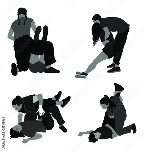 Rescue drowning first aid vector illustration. Patient woman in unconscious. Drunk person overdose party. Sneak attack victim rescue. CPR rescue team. Victim of fire evacuation. Earthquake rescue. 