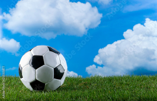 Fußball liegt auf Rasen vor Himmel mit großen weißen Wolken, Textfreiraum © Werner