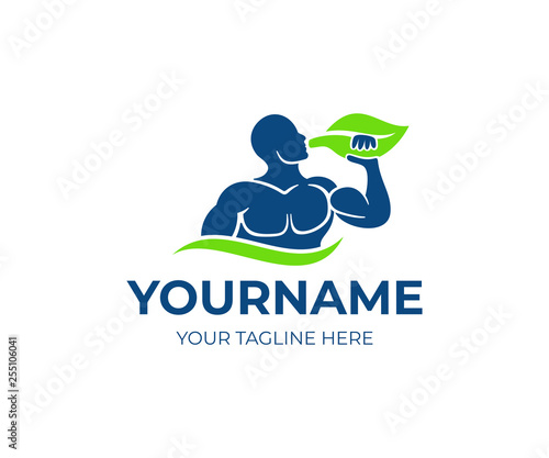 Bodybuilder holding a leaf and drinking a energy cocktail or nutritional supplements, logo design. Sport, bodybuilding, food and medicine, vector design and illustration