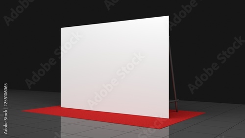 Backdrop, press banner 2x3 meters with red carpit. 3d render template. Mockup photo