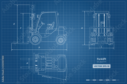 Outline blueprint of forklift. Top, side and front view. Hydraulic machinery image. Industrial document with loader. Diesel vehicle drawing