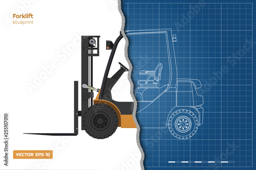 Outline blueprint of forklift. Top, side and front view. Hydraulic machinery 3d image. Industrial document with loader. Diesel vehicle drawing