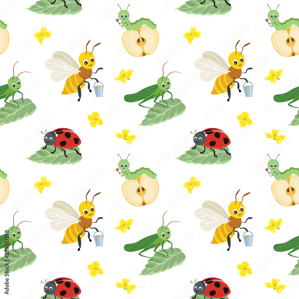 Vector seamless pattern of cartoon bugs on white background. Grasshopper, ladybug, caterpillar and bee in flat style. Vector seamless pattern of cartoon bugs on white background. Grasshopper, ladybug, caterpillar and bee in flat style.