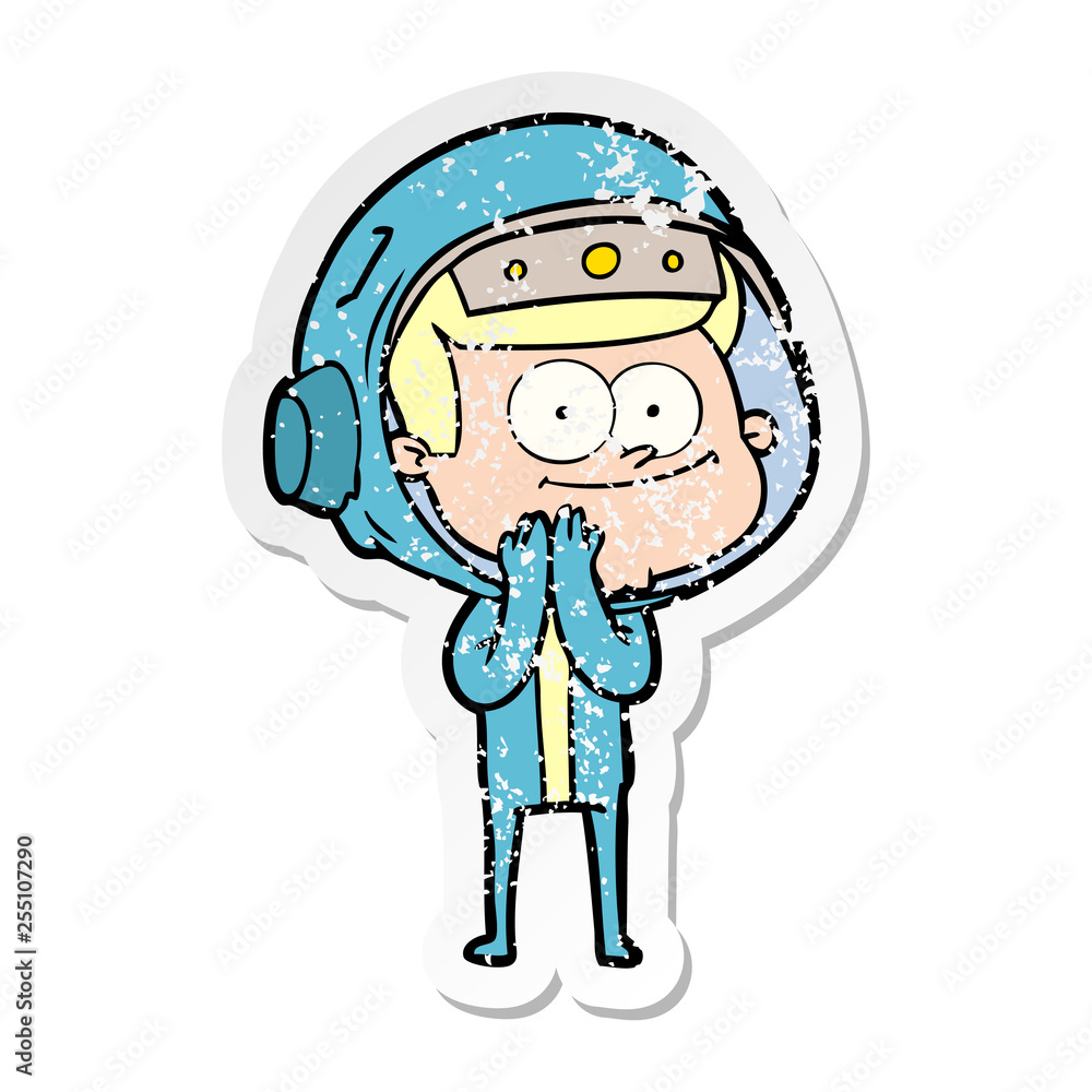 distressed sticker of a happy astronaut cartoon distressed sticker of a happy astronaut cartoon