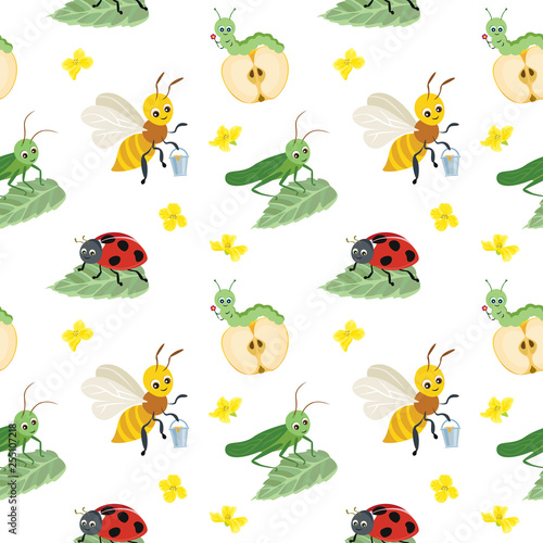 Vector seamless pattern of cartoon bugs on white background. Grasshopper, ladybug, caterpillar and bee in flat style. © Sunnydream