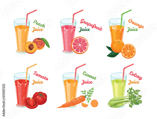 Set of different fruit and vegetables juices in glasses  isolated on white background. Healthy Vitamin Freshes. Peach, grapefruit, orange, tomato, carrot, celery. Vector illustration in flat style.