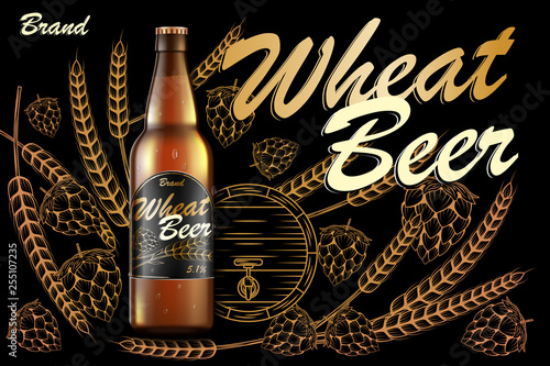 Craft wheat beer ads design. Realistic malt golden bottle beer isolated on dark background with ingredients wheats, hops and barrel. Vector 3d illustration