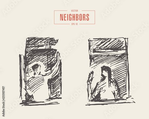 Vector windows of neighbors people greeting sketch