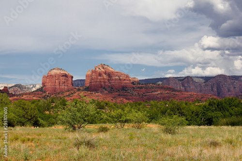 meadow forest and red rock mountain