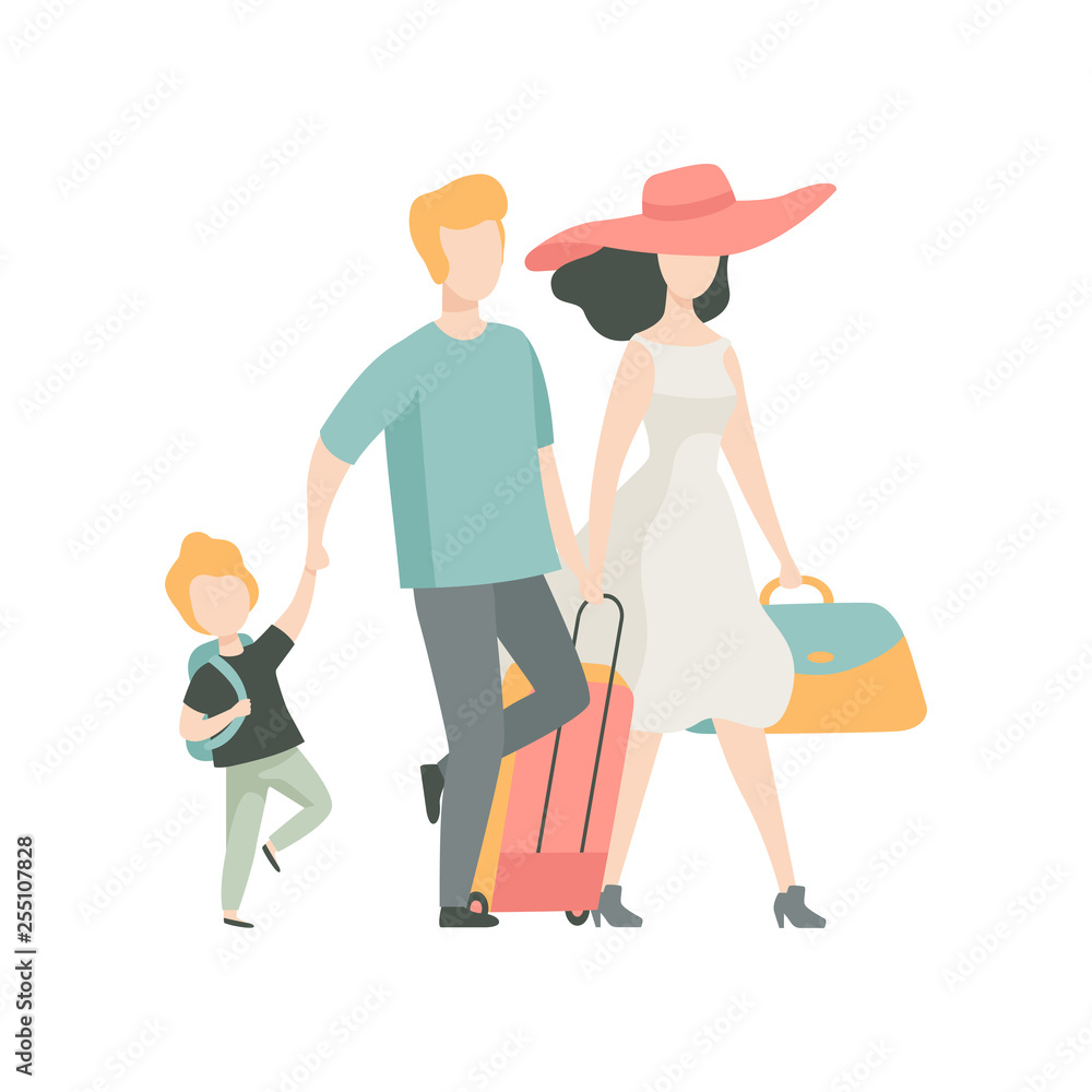 Happy Family Travelling, Father, Mother and Son Walking with Suitcase Vector Illustration
