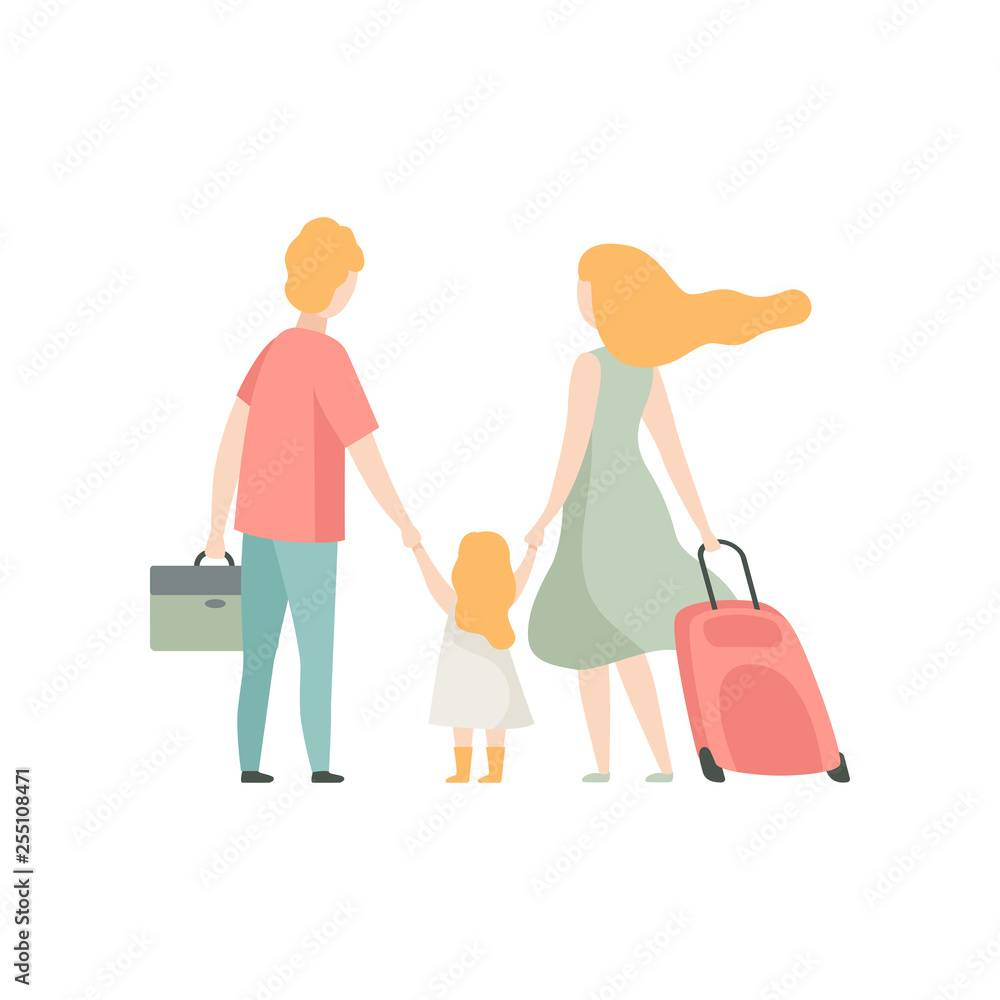 Family Travelling Together, Father, Mother and Daughter on Vacation, Back View Vector Illustration Family Travelling Together, Father, Mother and Daughter on Vacation, Back View Vector Illustration