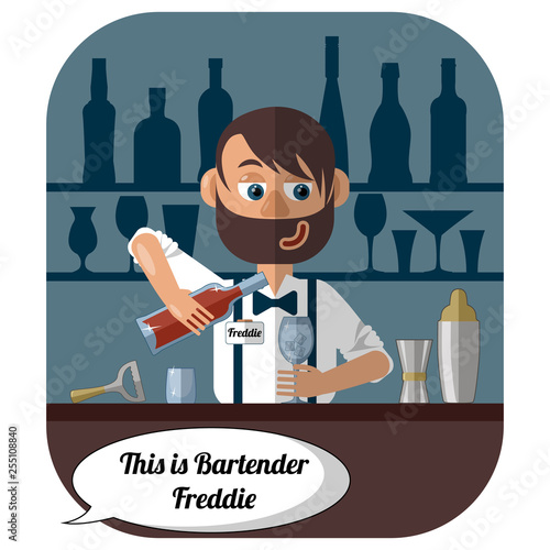 Cute fashionable barman at the bar makes a cocktail