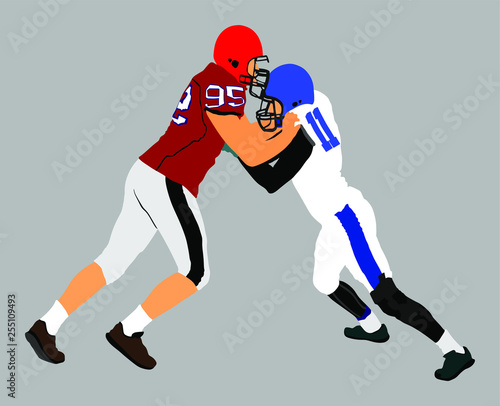 American football players in action, vector isolated on white. Sportsman in full equipment on court. Rugby sportsman, battle for ball. Super ball. popular sport super star. Collage sport. Team work.