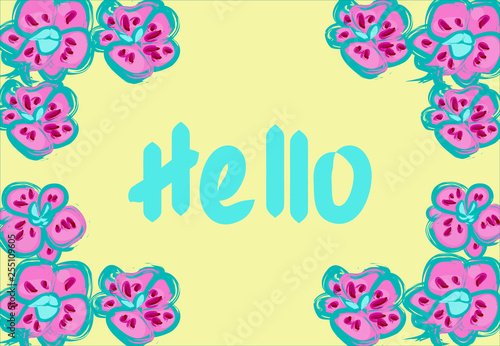 Vector frame with beautiful orchids and sign "Hello".