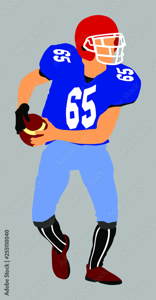 American football player in action, vector isolated on white background. Sportsman in full equipment on court. Rugby sportsman with ball. Super ball. popular sport super star. 
