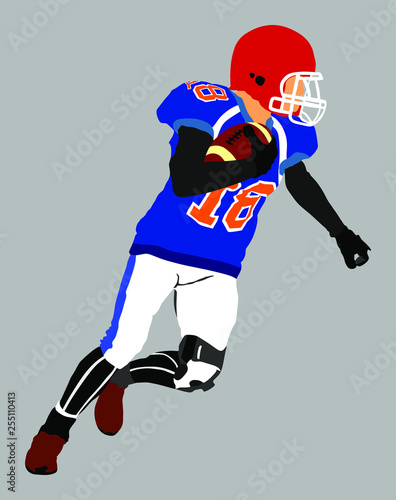 American football player in action, vector isolated on white background. Sportsman in full equipment on court. Rugby sportsman with ball. Super ball. popular sport super star. 