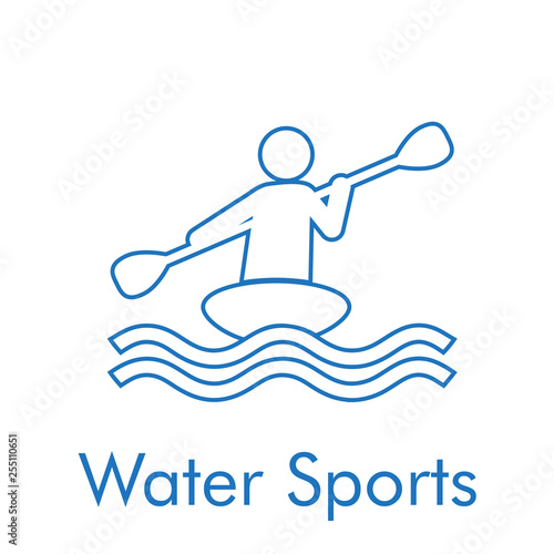 Logotipo abstracto con texto Water Sports con icono lineal canoa en color azul