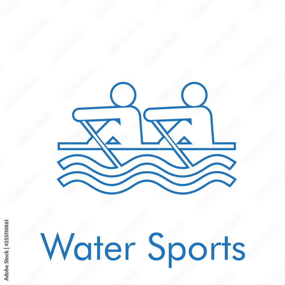 Logotipo abstracto con texto Water Sports con icono lineal canoa en color azul Logotipo abstracto con texto Water Sports con icono lineal canoa en color azul