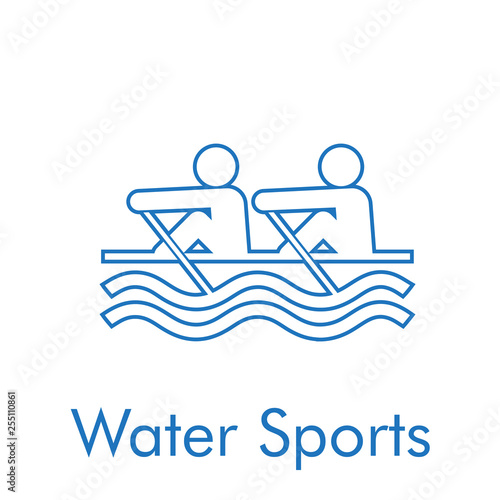 Logotipo abstracto con texto Water Sports con icono lineal canoa en color azul
