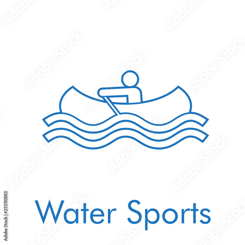 Logotipo abstracto con texto Water Sports con icono lineal canoa en color azul