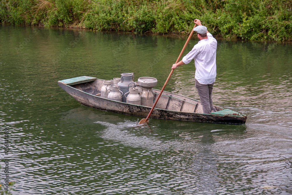 Coulon. Transport du lait par barque dans le marais poitevin. Deux-Sèvres. France