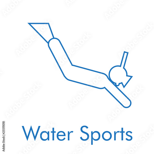 Logotipo abstracto con texto Water Sports con icono lineal buzo con snorkel en color azul
