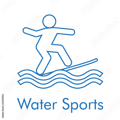 Logotipo abstracto con texto Water Sports con icono lineal surf en color azul