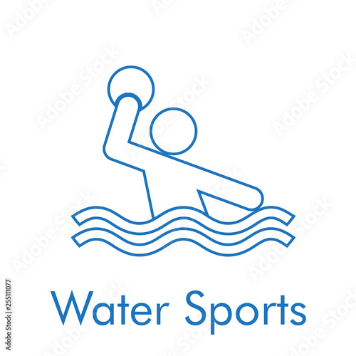 Logotipo abstracto con texto Water Sports con icono lineal waterpolo en color azul