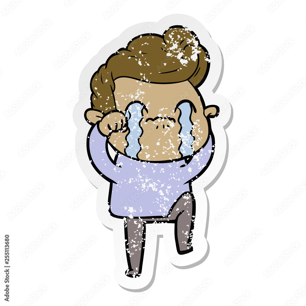 distressed sticker of a cartoon man crying distressed sticker of a cartoon man crying
