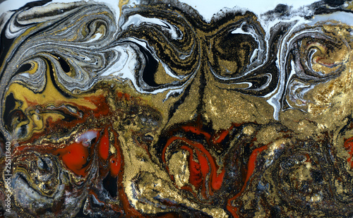 Red and black marbling pattern. Golden marble liquid texture.