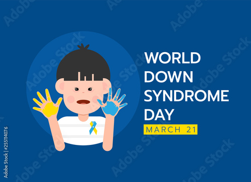 World down syndrome day banner with down syndrome child boy character are yellow and blue hand paint vector design