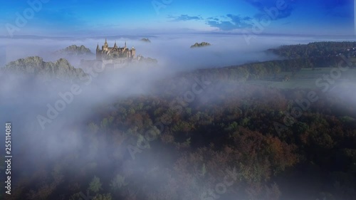 Aerial shot – Fantasy Castle in a foggy forest