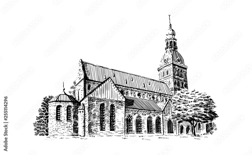 Riga Dome Cathedral black and white drawing sketch. Vector illustration