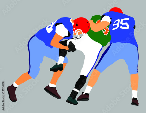 American football players in action  vector isolated on white. Sportsman in full equipment on court. Rugby sportsman  battle for ball. Super ball. popular sport super star. Collage sport. Team work.