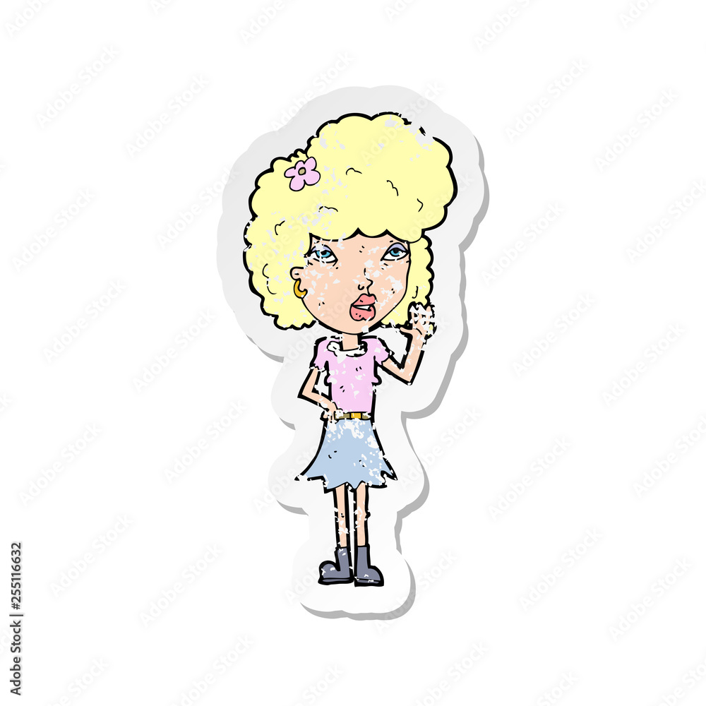 retro distressed sticker of a cartoon woman waving retro distressed sticker of a cartoon woman waving