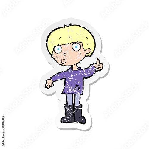 retro distressed sticker of a cartoon boy asking question