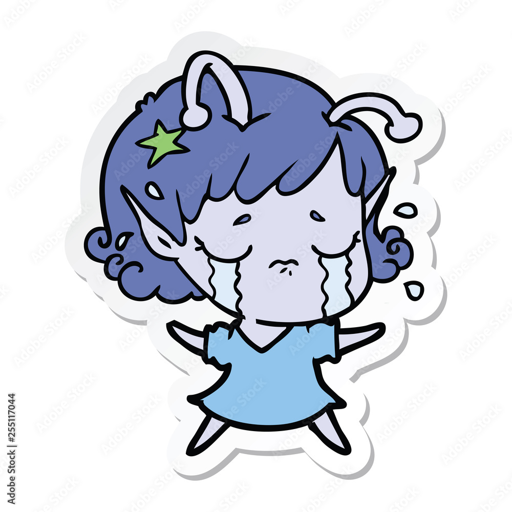 sticker of a cartoon crying alien girl sticker of a cartoon crying alien girl