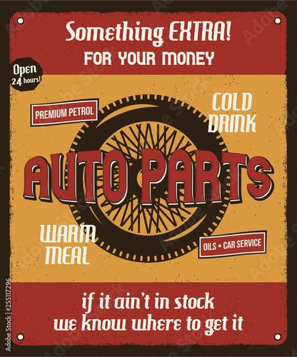 Car repair service retro poster with silhouette wheel and texts. Auto parts and mechanic on duty, transport maintenance and repairing vintage brochure. Garage station for automobiles. Stock vector