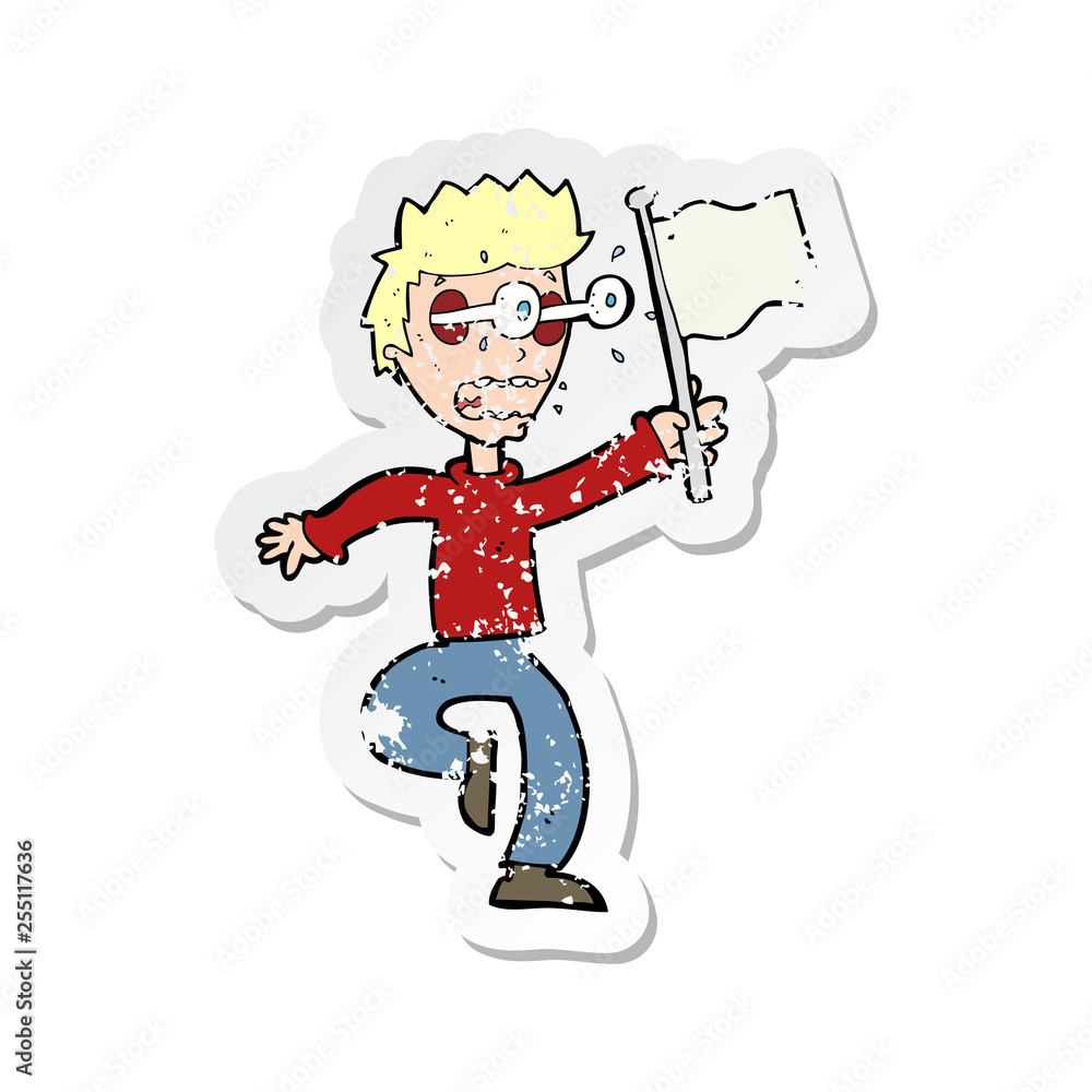retro distressed sticker of a cartoon frightened boy giving up retro distressed sticker of a cartoon frightened boy giving up