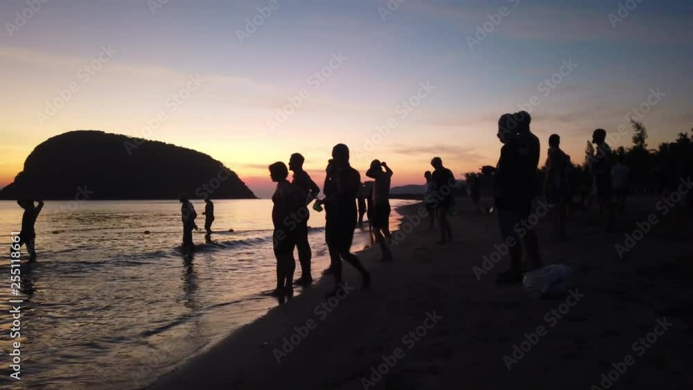 Slow motion Group of Athlete walking to the sea for open water swimming during sunset Slow motion Group of Athlete walking to the sea for open water swimming during sunset