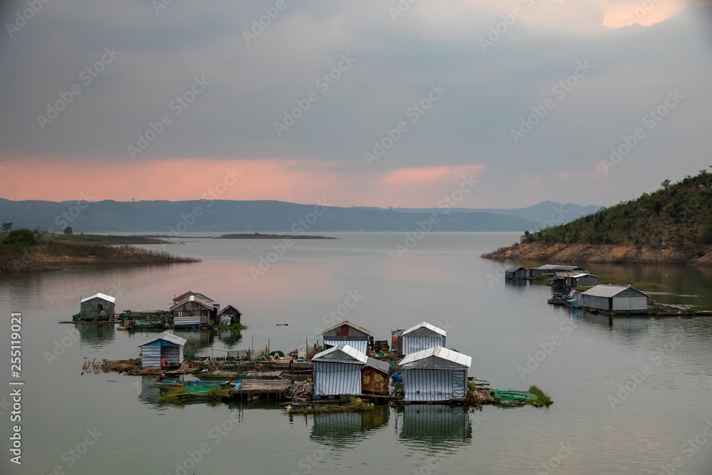 Houses and peaceful life on Lake Nam Ka, Dac Lak, Viet Nam