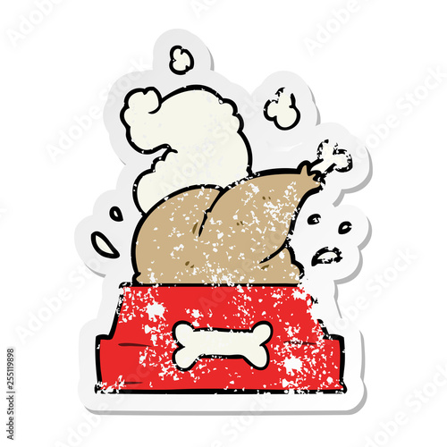 distressed sticker of a cartoon dog bowl with chicken