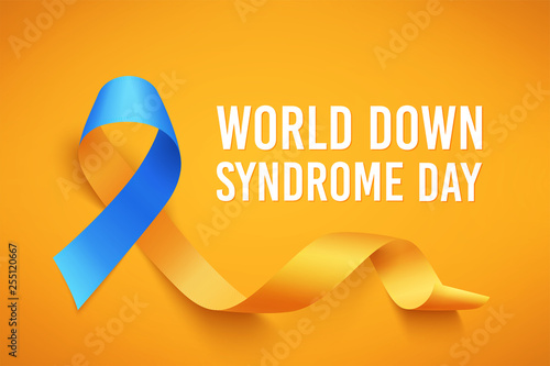 World Down Syndrome day. March 21. Realistic blue yellow ribbon symbol. Template for poster. Vector.