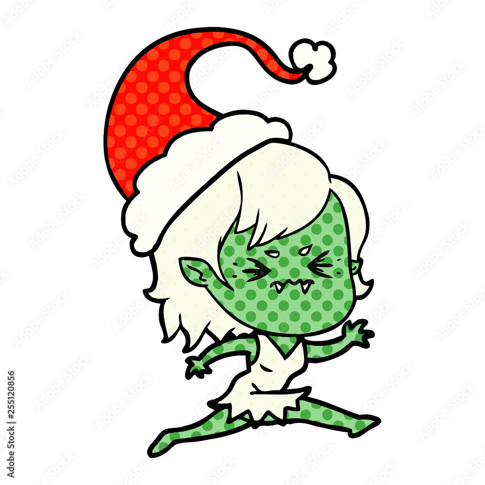 Fototapeta premium annoyed comic book style illustration of a vampire girl wearing santa hat