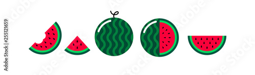 Vector watermelon flat icons set isolated on white background. Cartoon watermelon cute and kawaii style. Funny water melon illustration. Whole, slice, half fresh healthy summer fruits icons. EPS 10